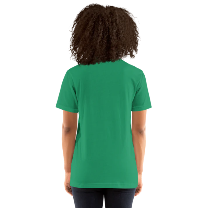 A person shown from the back wearing a kelly green heather t-shirt by Less Hustle, More Joy, with the words 'PLANT LOVER' printed on the front in white text.
