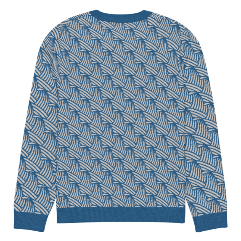 A lay-flat image of the back of a 2XL size crew-neck knitted sweater with a wave pattern in blue and sand colours by Less Hustle, More Joy.