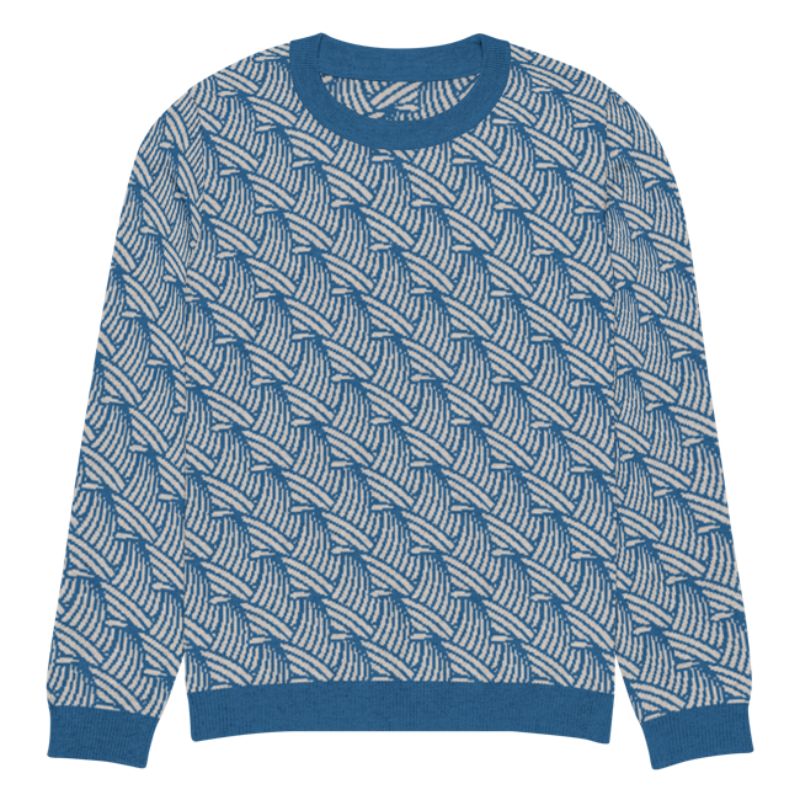 A lay-flat image of the front of a 2XS crew-neck knitted sweater with a wave pattern in blue and sand colours by Less Hustle, More Joy.