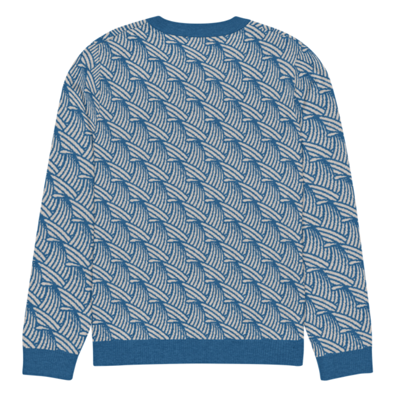 A lay-flat image of the back of a L size crew-neck knitted sweater with a wave pattern in blue and sand colours by Less Hustle, More Joy.