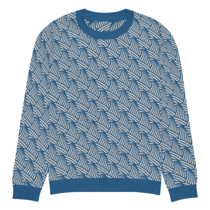A lay-flat image of the front of a M size crew-neck knitted sweater with a wave pattern in blue and sand colours by Less Hustle, More Joy.