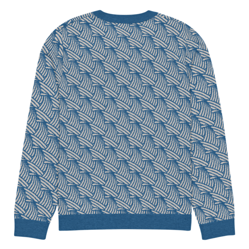 A lay-flat image of the back of a M size crew-neck knitted sweater with a wave pattern in blue and sand colours by Less Hustle, More Joy.