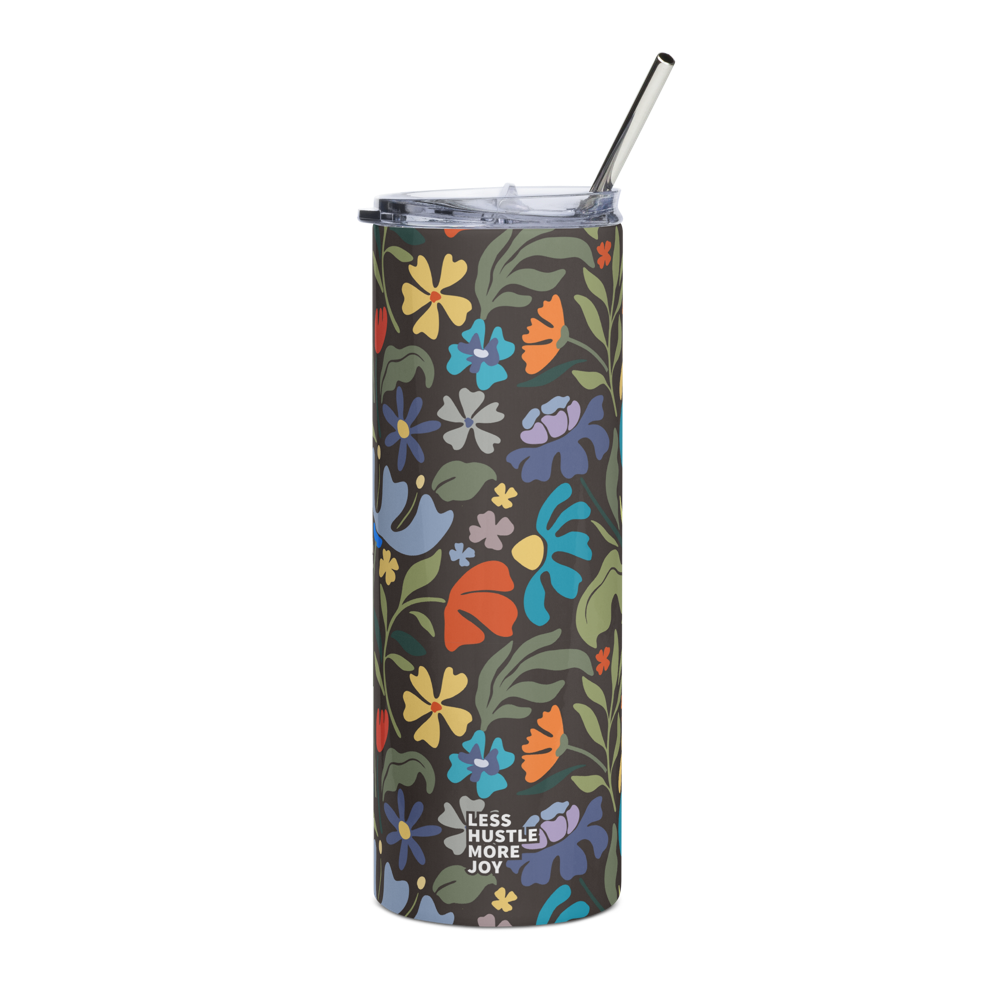 creative genius dark floral travel mug back with metal straw by less hustle more joy