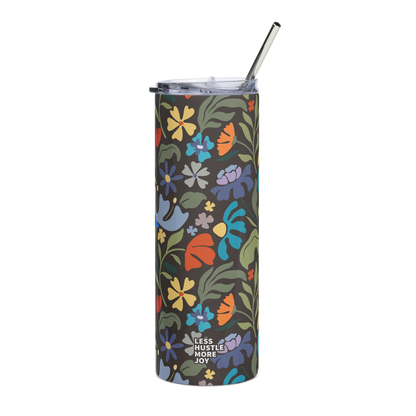 creative genius dark floral travel mug back with metal straw by less hustle more joy