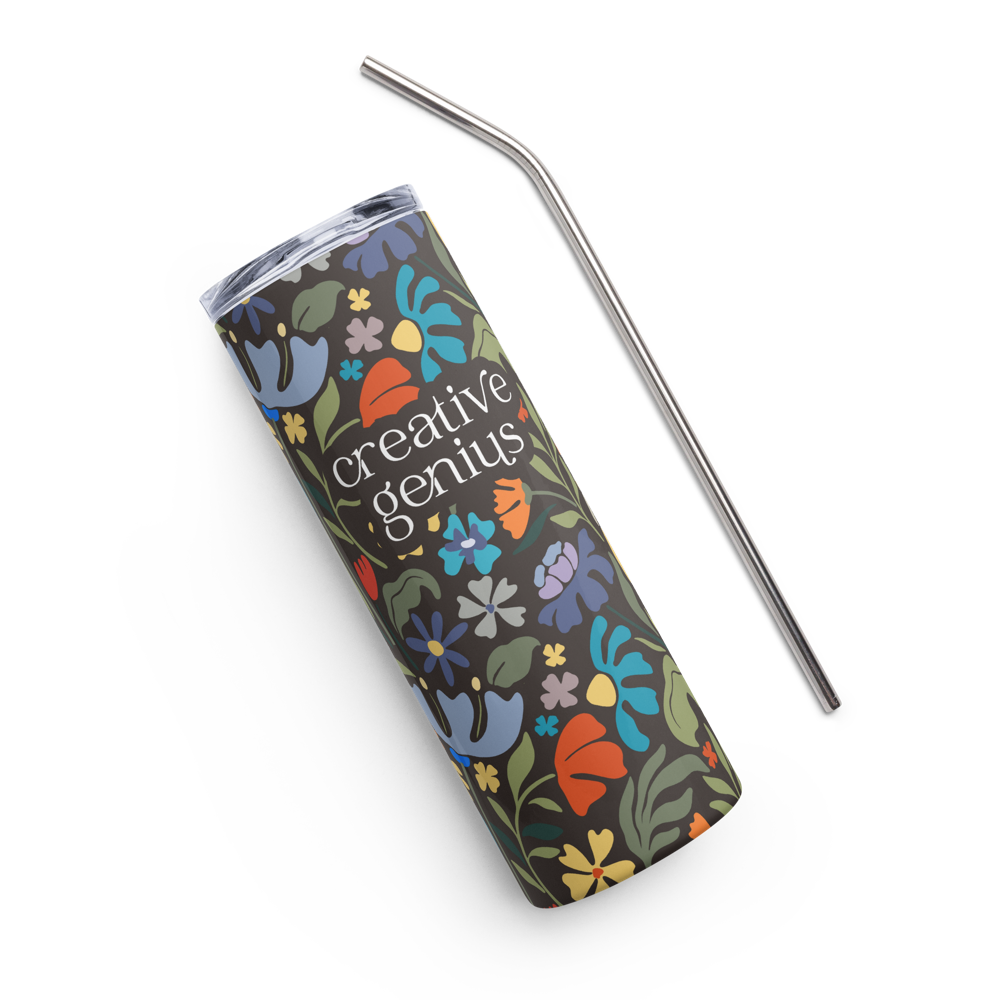 creative genius dark floral travel mug front with metal straw by less hustle more joy