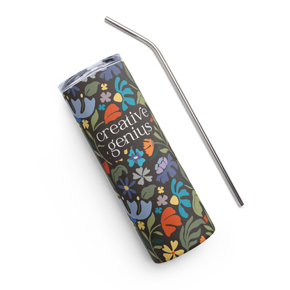 creative genius dark floral travel mug front with metal straw by less hustle more joy