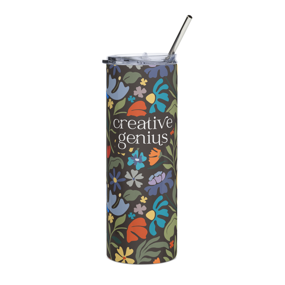 creative genius dark floral travel mug front with metal straw by less hustle more joy