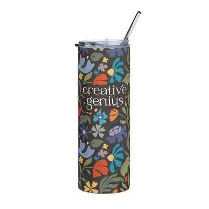 creative genius dark floral travel mug front with metal straw by less hustle more joy