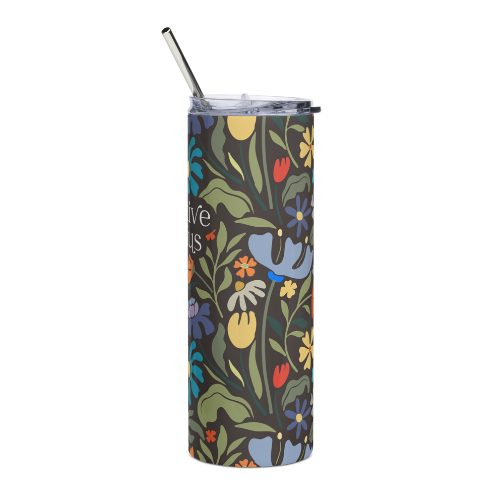 creative genius dark floral travel mug left with metal straw by less hustle more joy