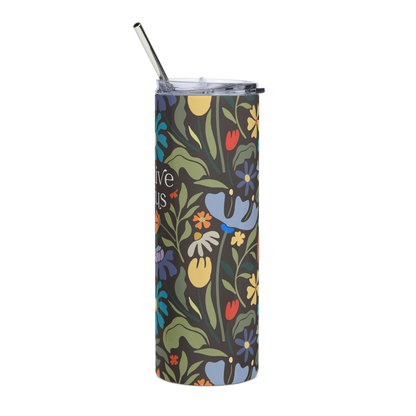 creative genius dark floral travel mug left with metal straw by less hustle more joy