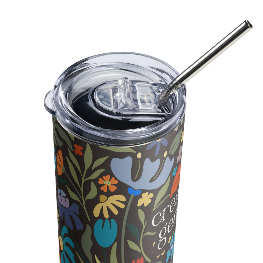 creative genius dark floral travel mug with metal straw and plastic lid close up top by less hustle more joy