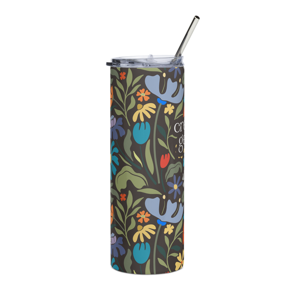 creative genius dark floral travel mug right with metal straw by less hustle more joy