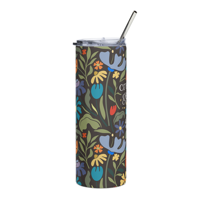 creative genius dark floral travel mug right with metal straw by less hustle more joy