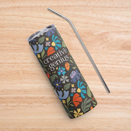 creative genius dark floral travel mug with metal straw by less hustle more joy