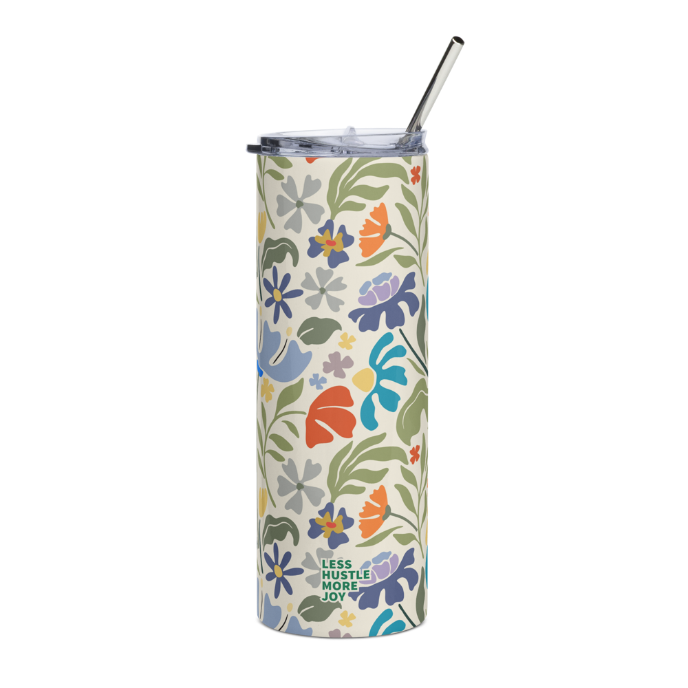 creative genius light floral travel mug back with metal straw by less hustle more joy