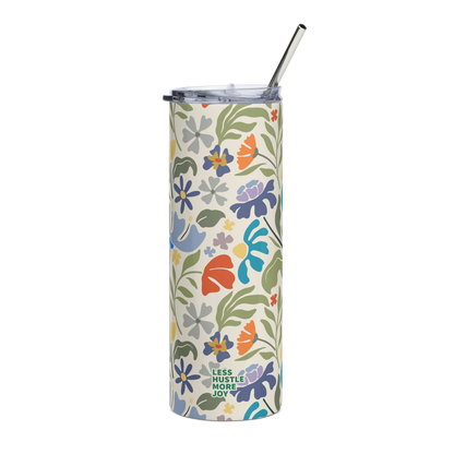 creative genius light floral travel mug back with metal straw by less hustle more joy