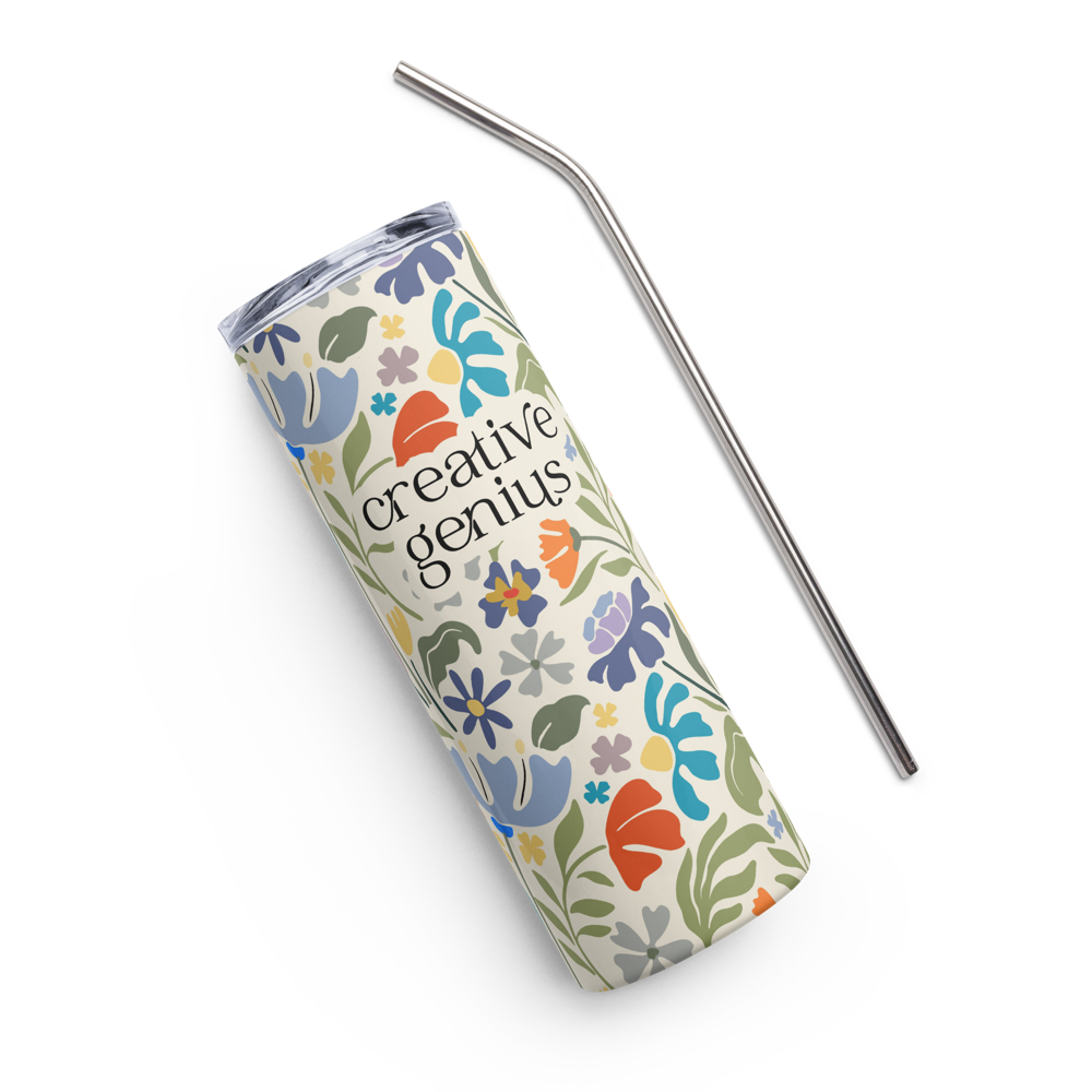 creative genius light floral travel mug front with metal straw by less hustle more joy