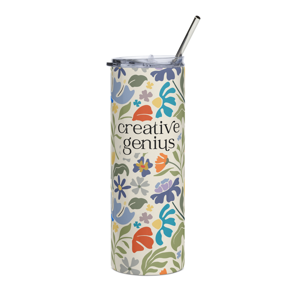 creative genius light floral travel mug front with metal straw by less hustle more joy