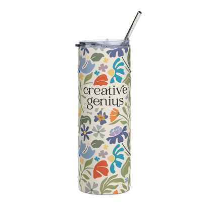 creative genius light floral travel mug front with metal straw by less hustle more joy