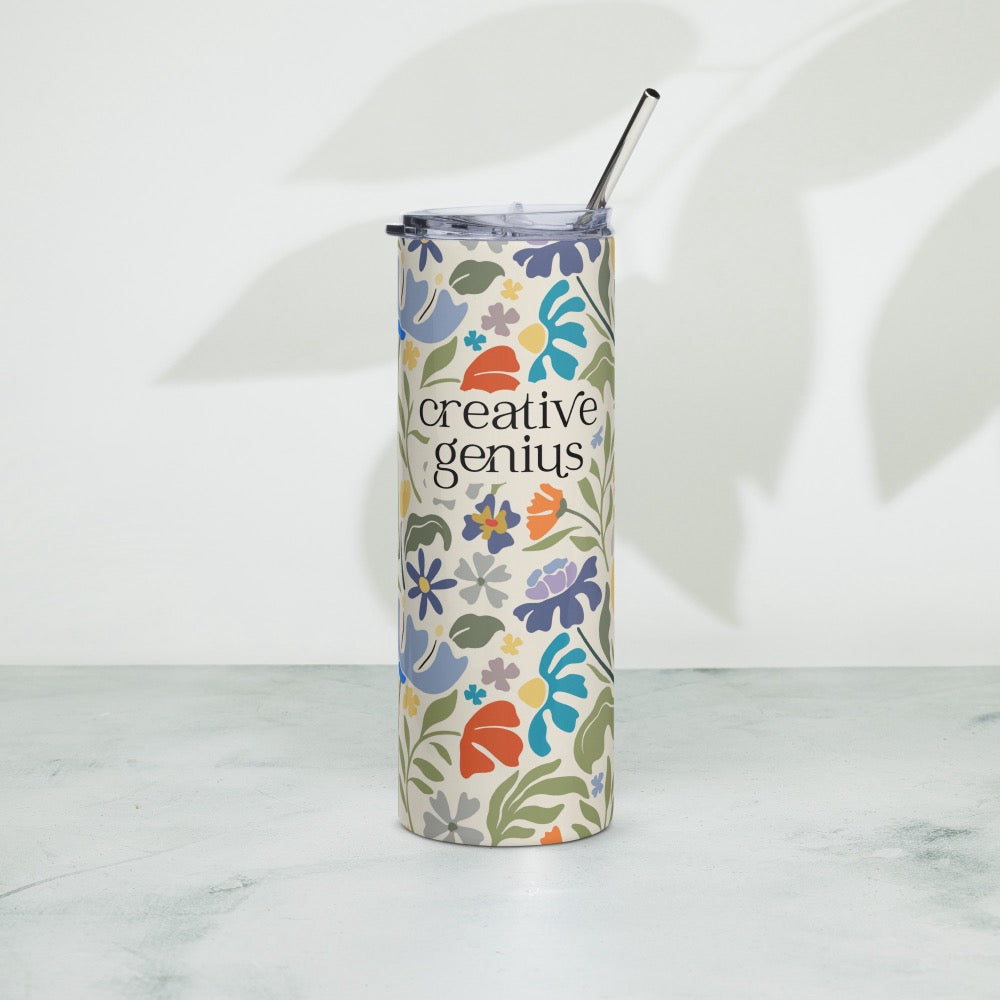 creative genius light floral travel mug with metal straw by less hustle more joy