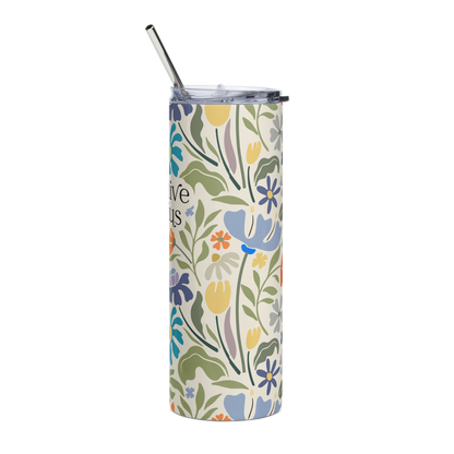 creative genius light floral travel mug left with metal straw by less hustle more joy