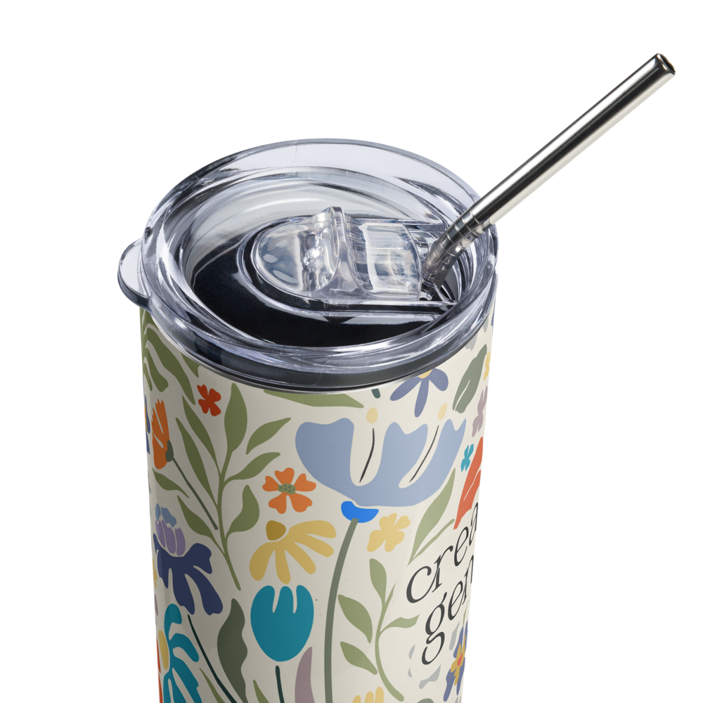 creative genius light floral travel mug with metal straw and plastic lid close up top by less hustle more joy