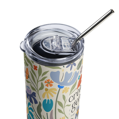 creative genius light floral travel mug with metal straw and plastic lid close up top by less hustle more joy