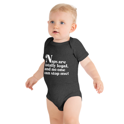 Naps are Totally Legal Baby Onesie in Dark Grey Heather front by Less Hustle, More Joy