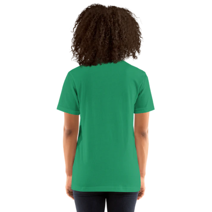 A person shown from the back wearing a kelly green heather t-shirt by Less Hustle, More Joy, with the words 'PLANT LOVER' printed on the front in white text.