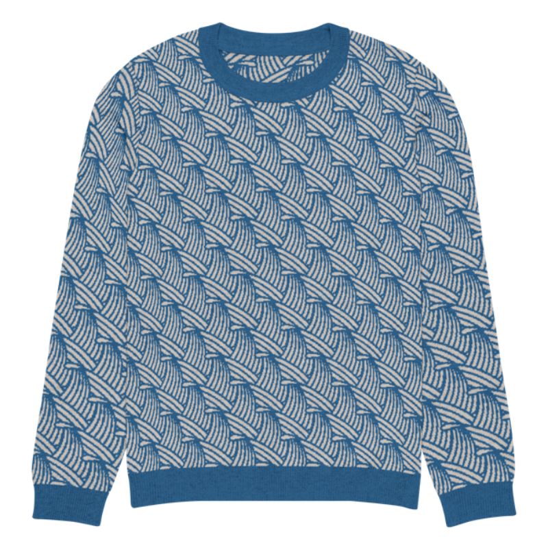 A lay-flat image of the front of a 2XL size crew-neck knitted sweater with a wave pattern in blue and sand colours by Less Hustle, More Joy.
