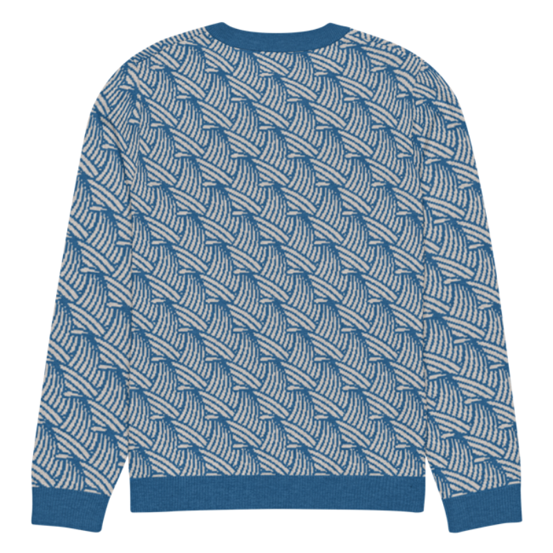 A lay-flat image of the back of a 2XS size crew-neck knitted sweater with a wave pattern in blue and sand colours by Less Hustle, More Joy.