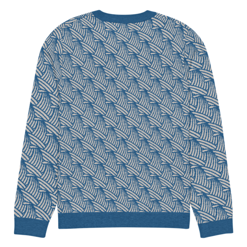 A lay-flat image of the back of a 3XL size crew-neck knitted sweater with a wave pattern in blue and sand colours by Less Hustle, More Joy.