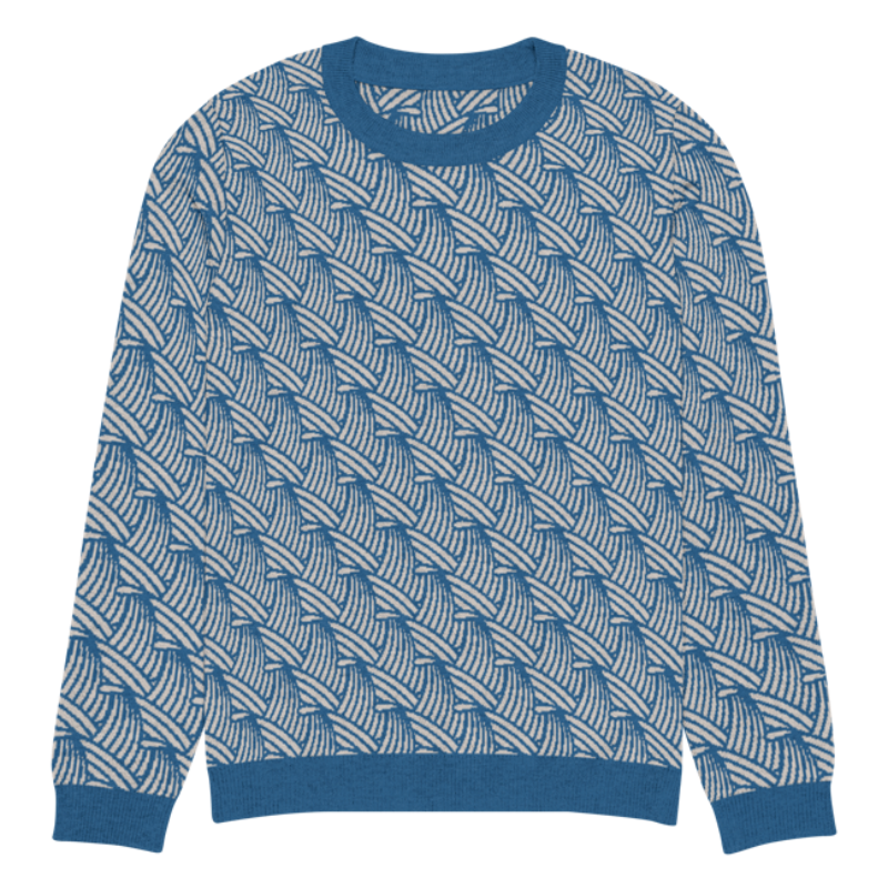 A lay-flat image of the front of a 3XL size crew-neck knitted sweater with a wave pattern in blue and sand colours by Less Hustle, More Joy.