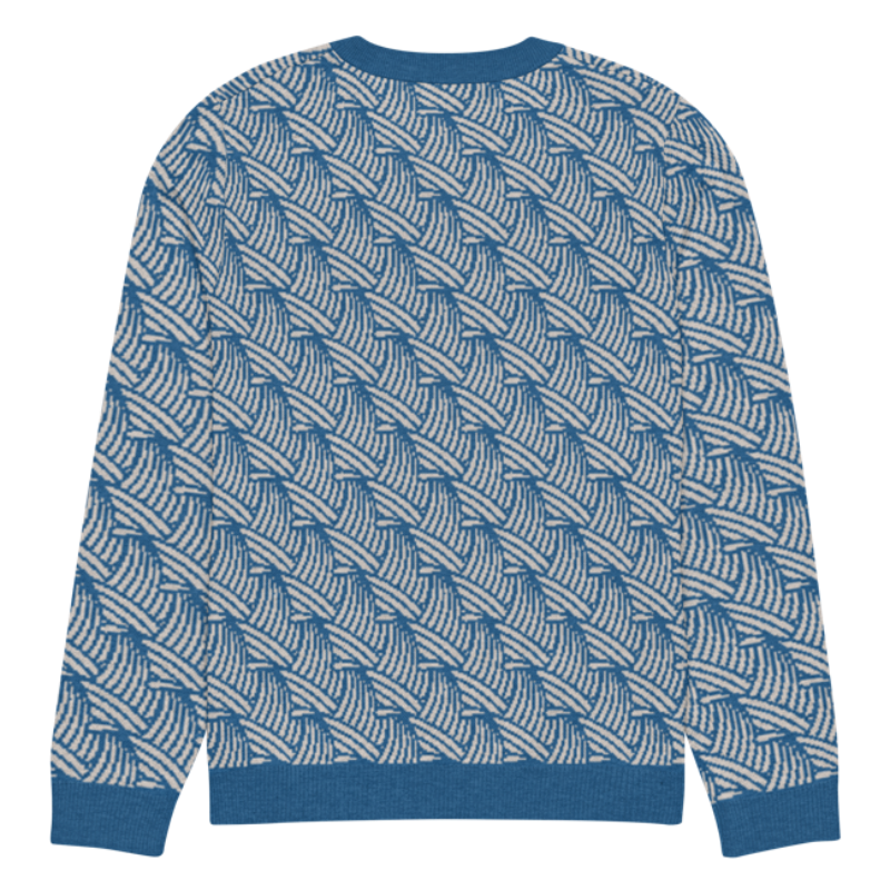 A lay-flat image of the back of a 3XS sixe crew-neck knitted sweater with a wave pattern in blue and sand colours by Less Hustle, More Joy.