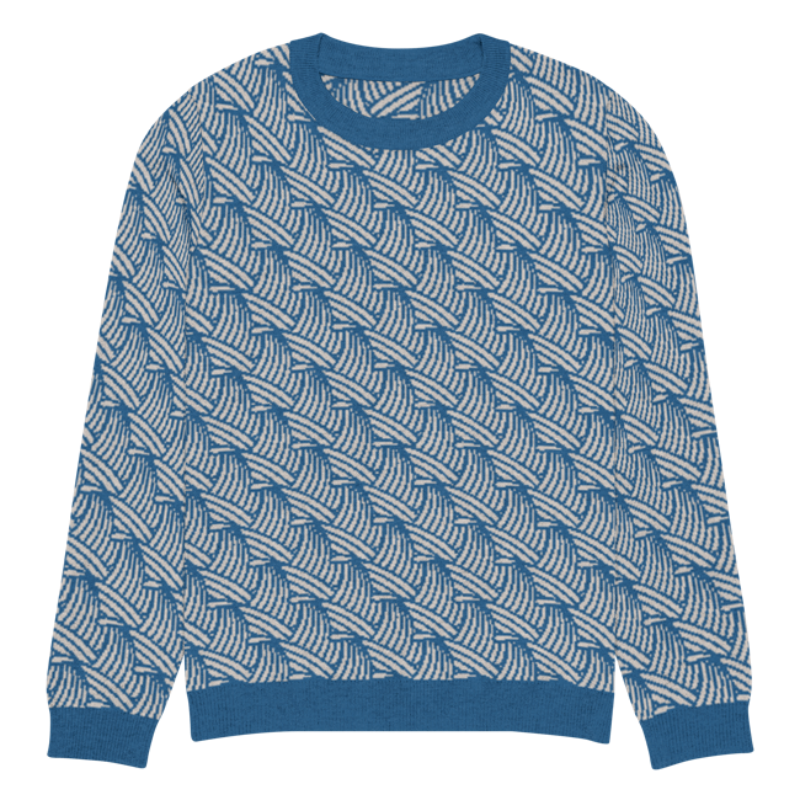 A lay-flat image of the front of a 3XS size crew-neck knitted sweater with a wave pattern in blue and sand colours by Less Hustle, More Joy.