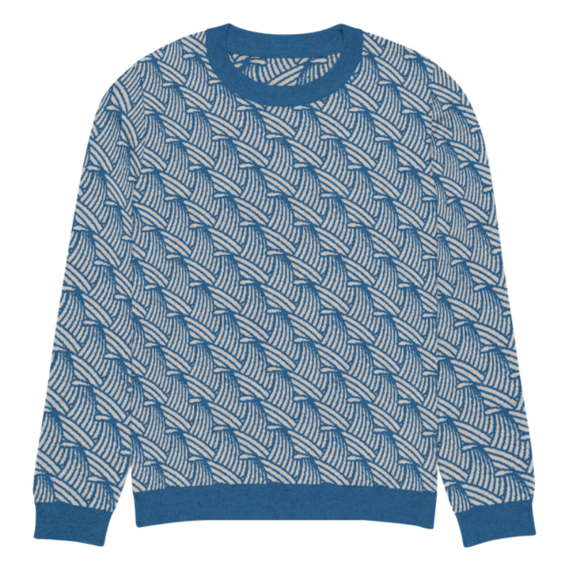 A lay-flat image of the front of a M size crew-neck knitted sweater with a wave pattern in blue and sand colours by Less Hustle, More Joy.