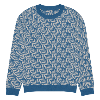 A lay-flat image of the front of a M size crew-neck knitted sweater with a wave pattern in blue and sand colours by Less Hustle, More Joy.