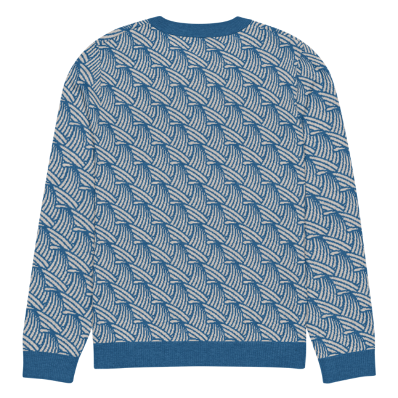 A lay-flat image of the back of a S size crew-neck knitted sweater with a wave pattern in blue and sand colours by Less Hustle, More Joy.