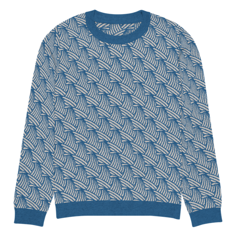 A lay-flat image of the front of a S size crew-neck knitted sweater with a wave pattern in blue and sand colours by Less Hustle, More Joy.