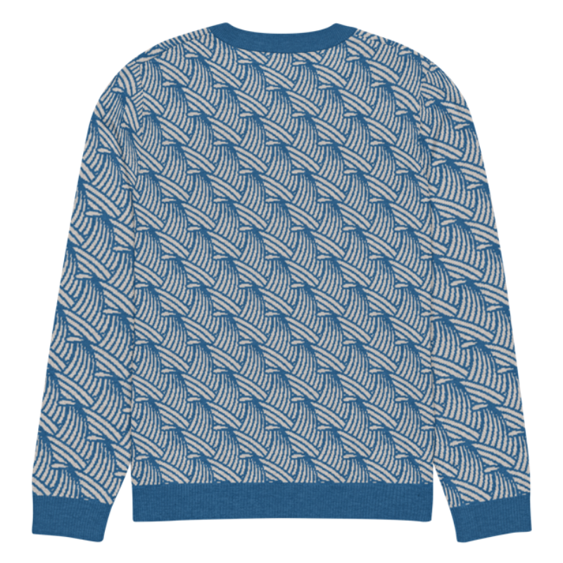 A lay-flat image of the back of an XL size crew-neck knitted sweater with a wave pattern in blue and sand colours by Less Hustle, More Joy.