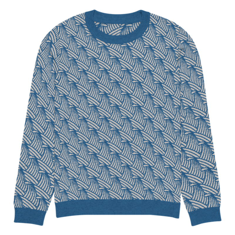 A lay-flat image of the front of an XL size crew-neck knitted sweater with a wave pattern in blue and sand colours by Less Hustle, More Joy.