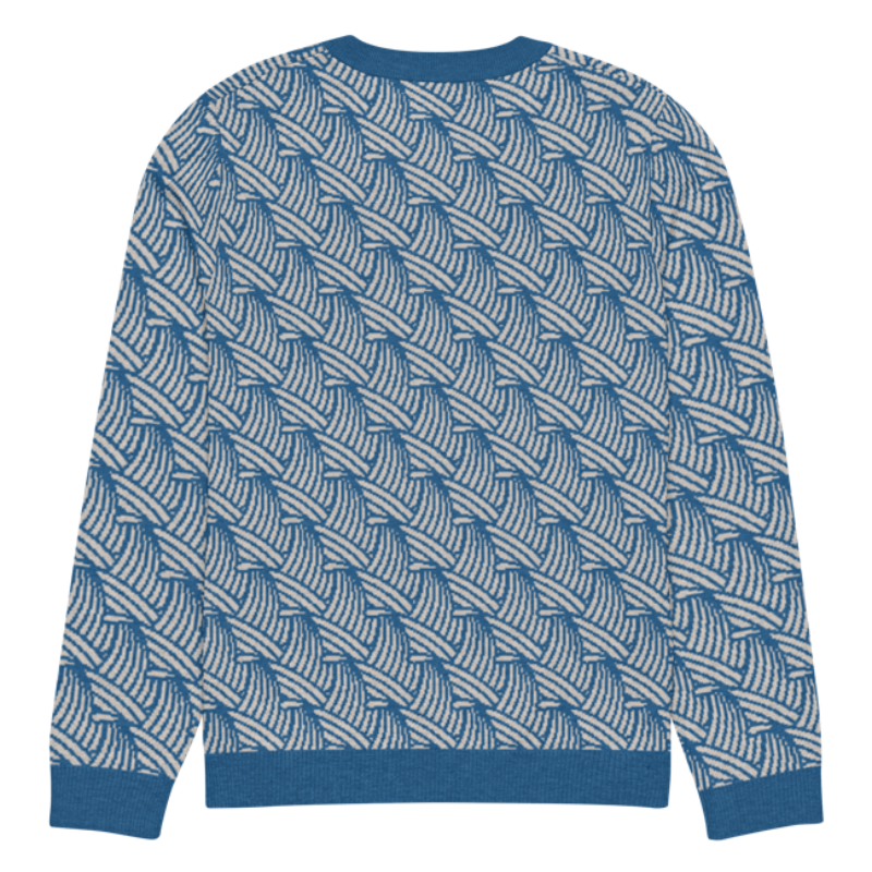 A lay-flat image of the back of a XS size crew-neck knitted sweater with a wave pattern in blue and sand colours by Less Hustle, More Joy.