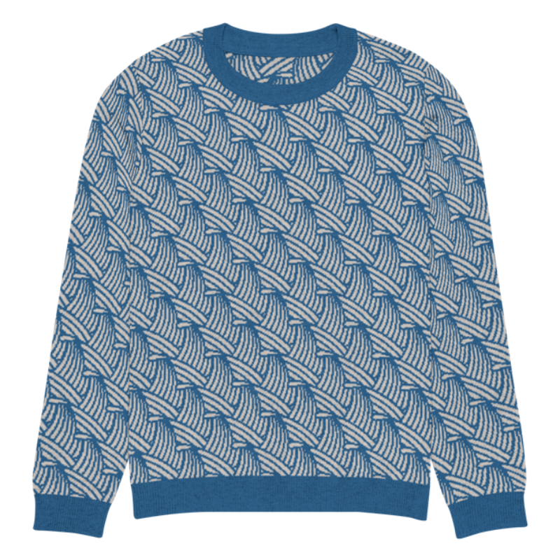 A lay-flat image of the front of a XS size crew-neck knitted sweater with a wave pattern in blue and sand colours by Less Hustle, More Joy.